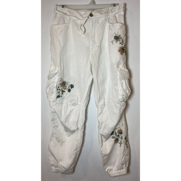 Sundance Jogger Cargo Pants Linen Blend White Blue Tan Embroidery Size 6 - Picture 1 of 5